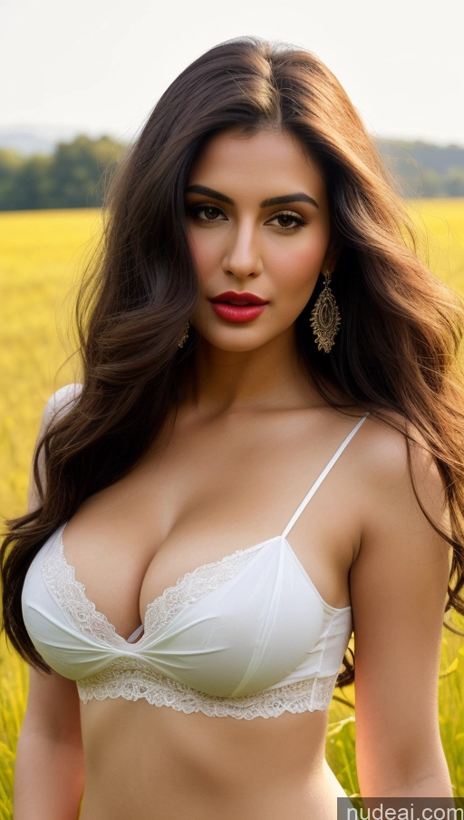 ai nude image of araffed woman in a white bra top posing in a field pics of One Busty Beautiful Lipstick Big Ass Thick Big Hips Perfect Body Long Hair Fairer Skin 20s Pouting Lips Meadow Sari Bright Lighting Detailed Sexy Face British Black Hair Transparent