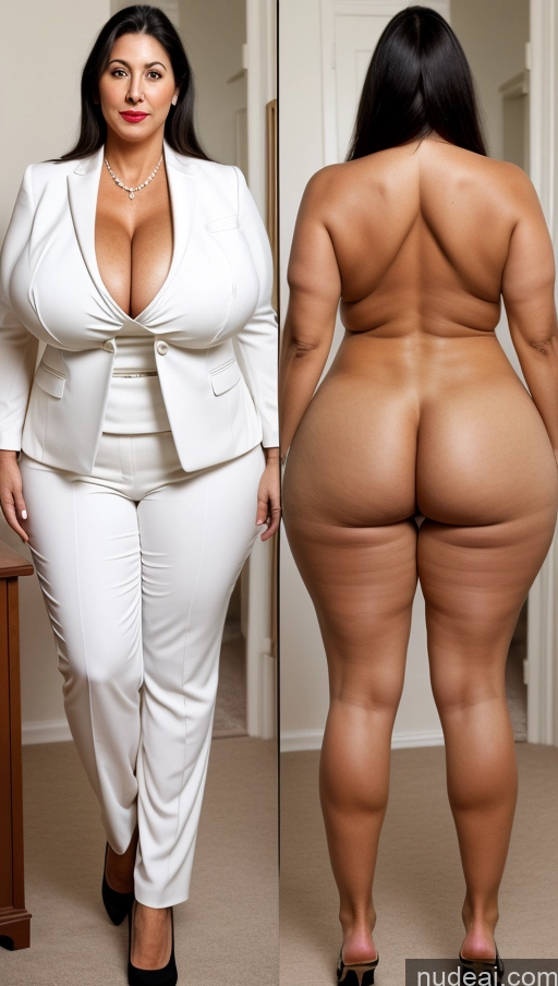 ai nude image of araffe woman in white suit and heels posing for a picture pics of Milf Busty Huge Boobs Beautiful Lipstick Big Ass Skinny Abs Thick Big Hips Long Legs Pubic Hair Long Hair Black Hair Turkish Suit Onoff Simple 70s Back View