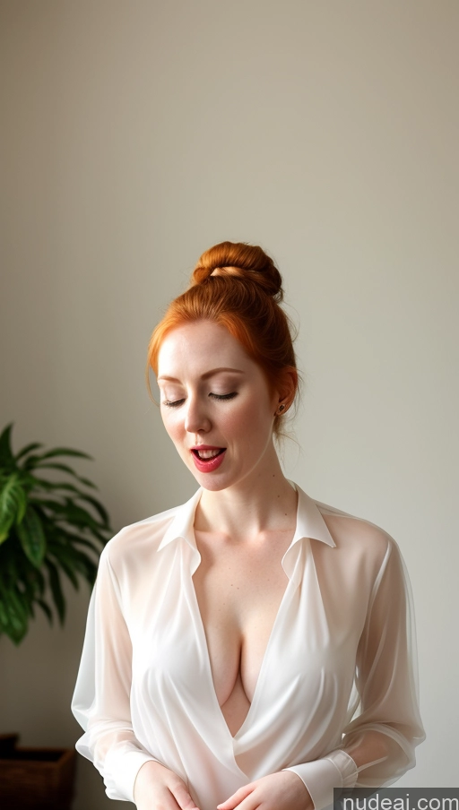 ai nude image of there is a woman in a white shirt standing in front of a plant pics of 30s Woman One Fairer Skin Small Tits Ginger Blouse Orgasm Hair Bun Transparent