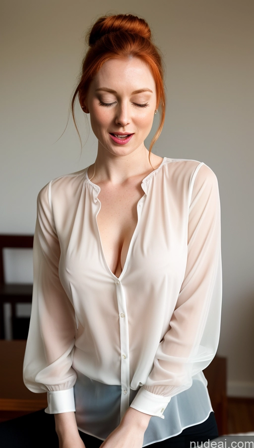 ai nude image of there is a woman cutting a cake with a knife on a table pics of Woman One Small Tits Fairer Skin 30s Orgasm Ginger Hair Bun Blouse Transparent