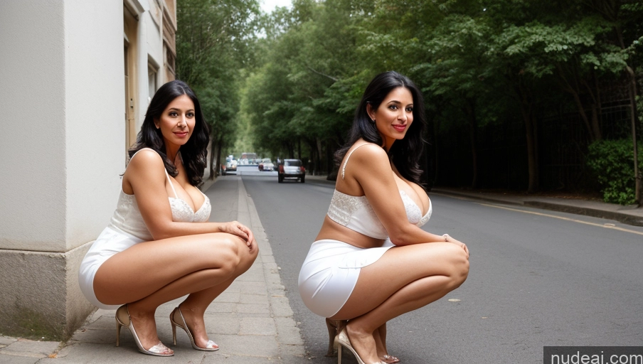 ai nude image of two women in white dresses are posing for a picture on the street pics of Milf Busty Huge Boobs Beautiful Lipstick Big Ass Skinny Abs Thick Big Hips Long Legs Pubic Hair Long Hair Black Hair Turkish 70s Wedding Street Several Front View Squatting