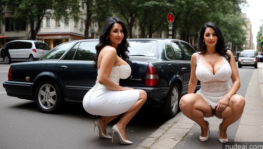 ai nude image of two women in white dresses are sitting on the curb next to a car pics of Milf Busty Huge Boobs Beautiful Lipstick Big Ass Skinny Abs Thick Big Hips Long Legs Pubic Hair Long Hair Black Hair Turkish 70s Wedding Street Several Front View Squatting