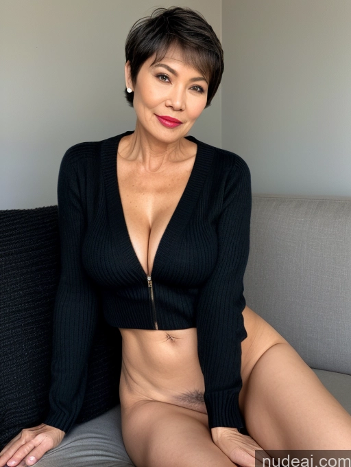 ai nude image of arafed woman in a black top and panties sitting on a couch pics of Milf Perfect Boobs Beautiful Lipstick Perfect Body Pubic Hair Short Hair Vietnamese Couch Professor Secretary Stylish Sweater Topless Dark Lighting Detailed Sexy Face Nude 60s