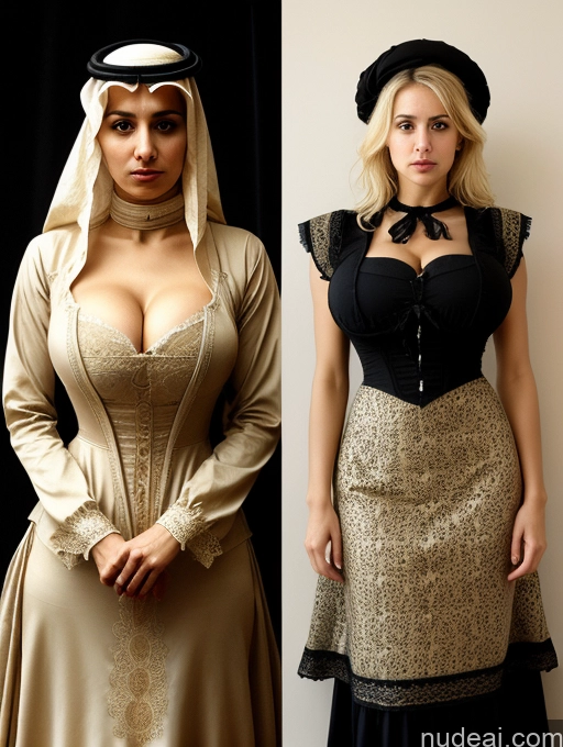 ai nude image of two women in costumes are posing for a picture together pics of Huge Boobs Skinny Short Serious Shocked Blonde Arabic Victorian Dress