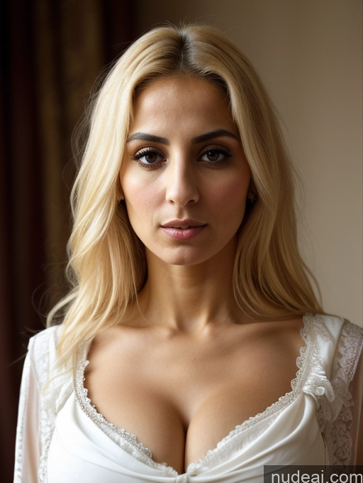 ai nude image of blond woman with big breast posing for a picture in a white dress pics of Huge Boobs Skinny Short Serious Shocked Blonde Arabic Victorian Dress