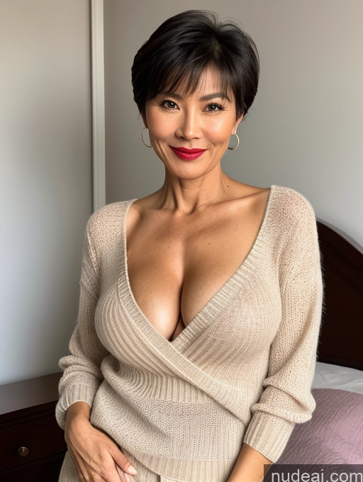 ai nude image of arafed woman in a tan sweater posing on a bed pics of Milf Perfect Boobs Lipstick Perfect Body Pubic Hair 50s Pixie Bedroom Sweater Stylish Topless Detailed Chinese Blouse