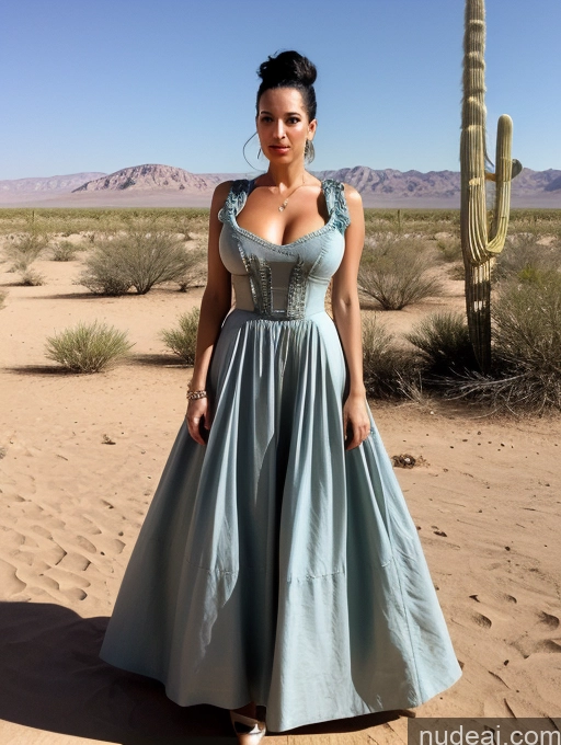 ai nude image of arafed woman in a blue dress standing in a desert pics of Huge Boobs Skinny Short Serious Shocked Dress 40s Jewish Black Hair Desert High Heels Victorian Long Skirt Cyborg