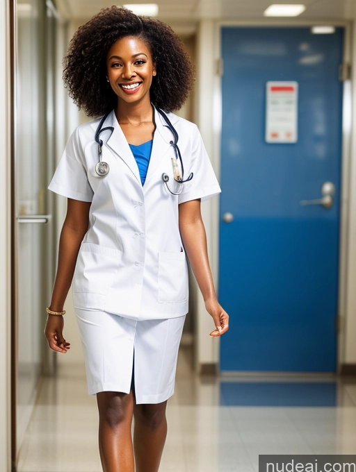 ai nude image of arafed woman in a white lab coat and blue top walking down a hallway pics of Woman One Happy Front View Detailed African Beautiful Long Legs Perfect Body Brunette Curly Hair Jewelry Doctor Hospital Busty Big Ass 50s Thick