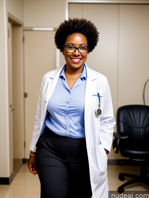 ai nude image of smiling woman in lab coat standing in a room with chairs pics of Woman One Happy Front View Detailed African Long Legs Curly Hair Jewelry Doctor Hospital Busty Big Ass Chubby Glasses White Hair 70s