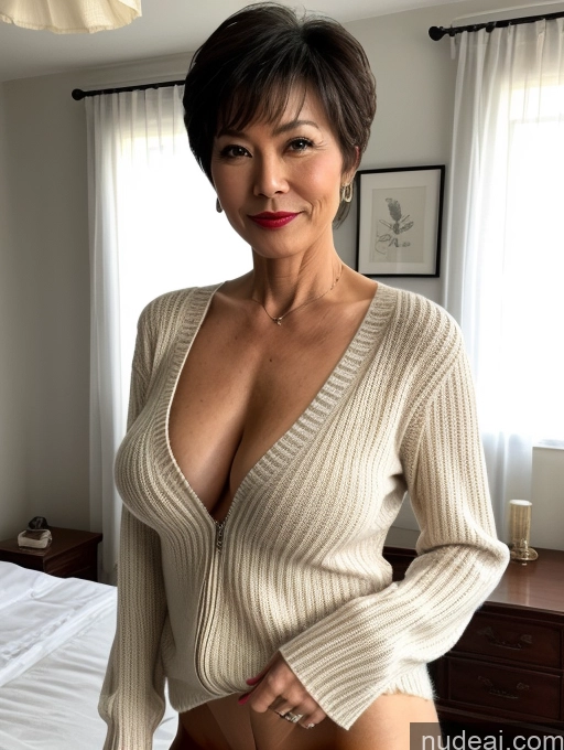 ai nude image of arafed woman in a tan sweater posing for a picture pics of Milf Perfect Boobs Lipstick Perfect Body Pubic Hair 50s Pixie Bedroom Sweater Stylish Topless Detailed Chinese Blouse