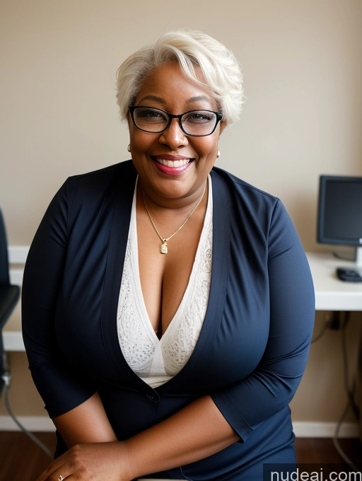 ai nude image of smiling woman in glasses sitting on a chair in front of a computer desk pics of Woman One Busty Glasses Big Ass Chubby 80s Happy White Hair Short Hair African Hospital Front View Doctor Jewelry Detailed