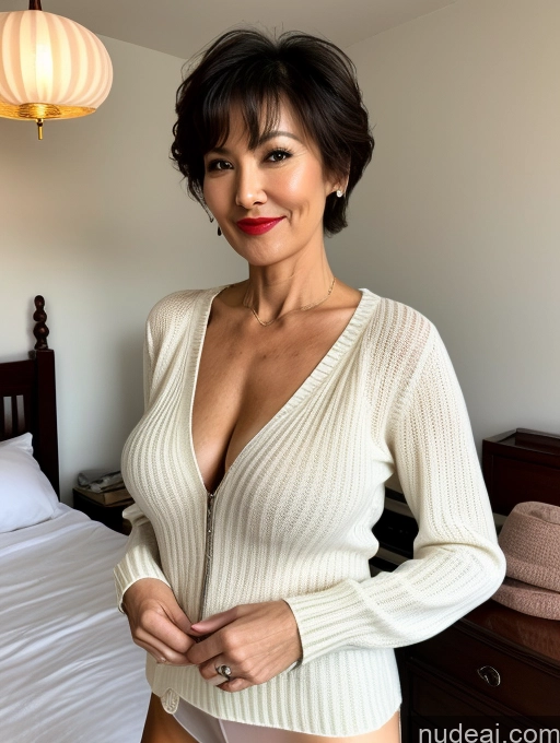 ai nude image of arafed woman in a white sweater posing in a bedroom pics of Milf Perfect Boobs Lipstick Perfect Body Pubic Hair 50s Pixie Bedroom Sweater Stylish Topless Detailed Chinese Blouse