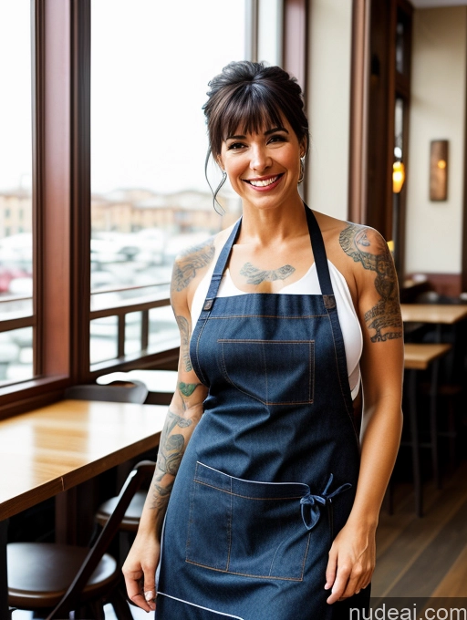 ai nude image of there is a woman standing in a restaurant with a blue apron pics of Woman One Big Ass Front View Detailed Black Hair Bangs Italian Abs Busty Tattoos Perfect Body Cafe Apron Chemise Jeans 50s Happy