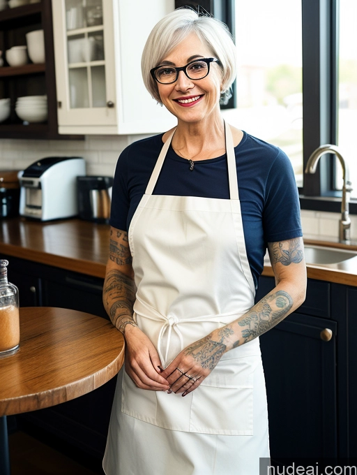 ai nude image of smiling woman in apron standing in kitchen with wooden counter top pics of Woman One Front View Detailed Italian Tattoos Cafe Apron Chemise Jeans Happy Skinny White Hair Short Hair 70s Glasses Small Tits Small Ass