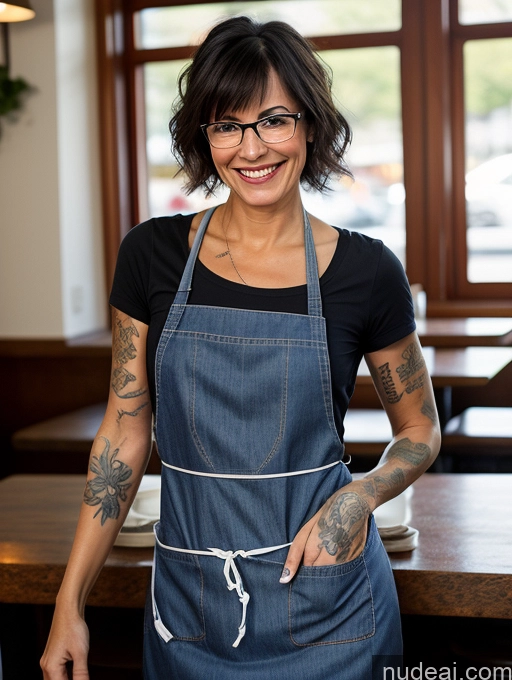 ai nude image of smiling woman in apron standing in front of a table with a knife pics of Woman One Front View Detailed Italian Tattoos Cafe Apron Chemise Jeans Happy Skinny Small Tits Small Ass Bangs Black Hair Glasses 60s