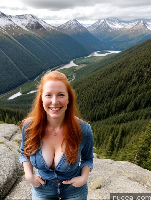 ai nude image of smiling woman standing on a rock with a valley in the background pics of Model One 40s Happy Long Hair Mountains Front View Jeans Fairer Skin Swedish Perfect Boobs Ginger Small Tits