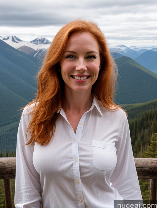 ai nude image of smiling woman with red hair and white shirt standing on a wooden deck pics of Model One 40s Happy Long Hair Mountains Front View Jeans Fairer Skin Perfect Boobs Ginger Small Tits Russian Shirt