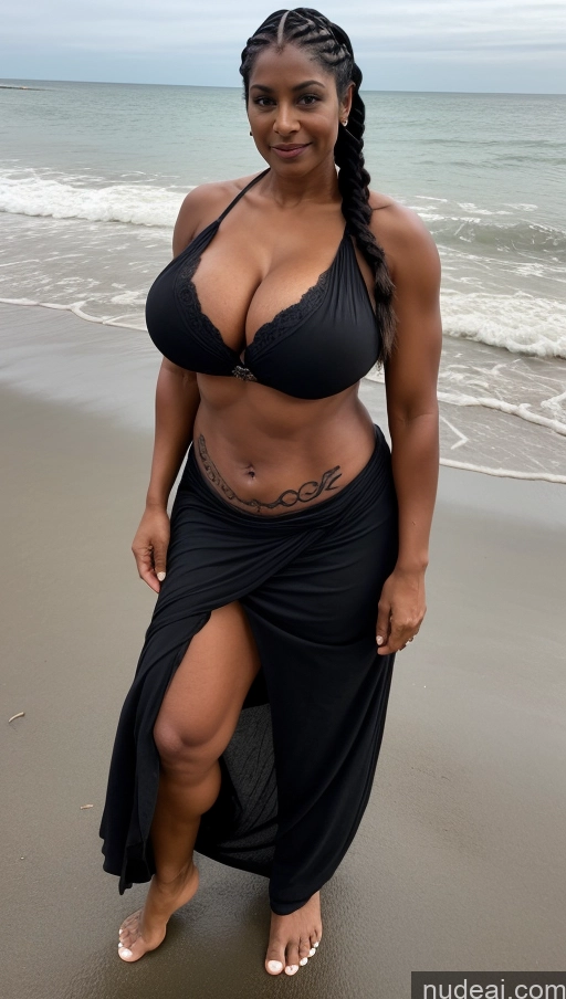 ai nude image of arafed woman in a black bikini and skirt on the beach pics of Milf Busty Beautiful Tattoos Big Ass Big Hips Tall Dark Skin Beach T-pose Sexy Face Indian Braided Dark Lighting Abs Muscular Seductive Huge Boobs Thick Front View 60s Long Skirt Black Hair