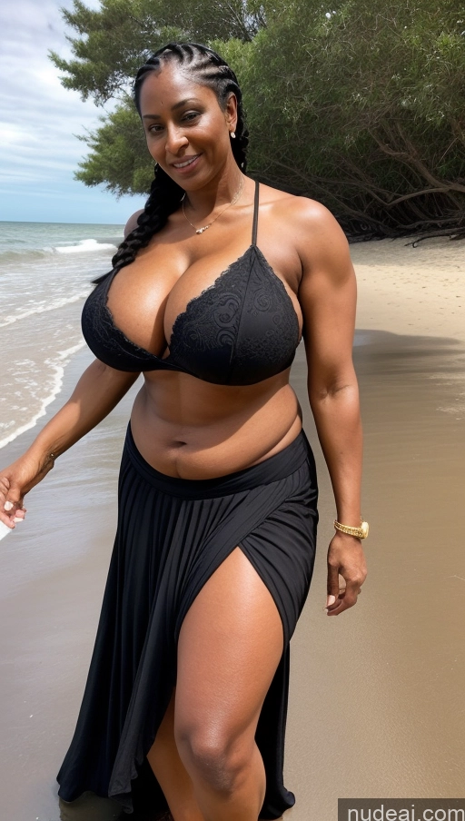 ai nude image of araffe woman in a black bikini walking on the beach pics of Milf Busty Beautiful Tattoos Big Ass Big Hips Tall Dark Skin Beach T-pose Sexy Face Indian Braided Dark Lighting Abs Muscular Seductive Huge Boobs Thick Front View 60s Black Hair Long Skirt