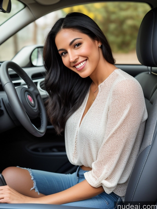 ai nude image of smiling woman sitting in a car with a laptop computer pics of Woman Perfect Body 20s Black Hair Long Hair Latina Jeans Blouse One Happy Car Front View