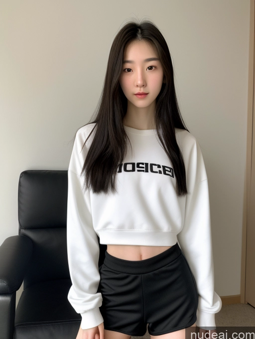 ai nude image of arafed asian woman in a white sweatshirt and black shorts pics of Skinny Beautiful Fairer Skin 18 Black Hair Long Hair Korean Spreading Legs Sports No Panties?