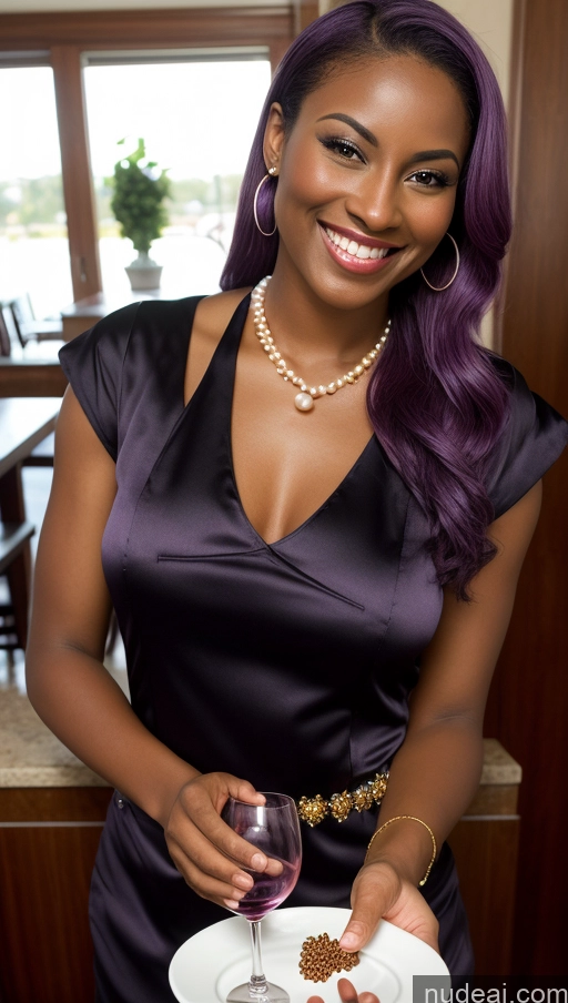 ai nude image of smiling woman in purple dress holding a plate of food and a glass of wine pics of Several Tanned Skin Dark Skin Purple Hair Black Dark Fantasy Pearl Jewelry Wine Waitress Happy