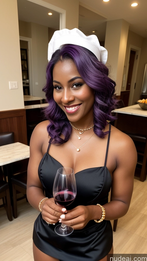 ai nude image of there is a woman holding a wine glass in a kitchen pics of Several Tanned Skin Dark Skin Purple Hair Black Dark Fantasy Pearl Jewelry Wine Waitress Happy