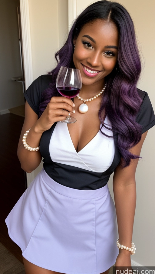 ai nude image of there is a woman holding a glass of wine in her hand pics of Several Tanned Skin Dark Skin Purple Hair Black Dark Fantasy Pearl Jewelry Wine Waitress Happy Sorority