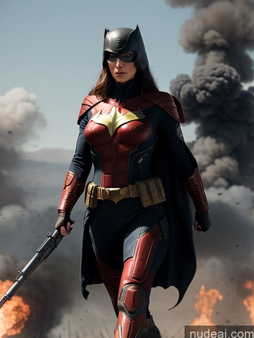 ai nude image of araffe woman in a red costume with a bat and a sword pics of Busty Muscular Abs Front View Military Superhero Science Fiction Style Battlefield Superheroine Powering Up Perfect Boobs Tall Perfect Body Batwoman