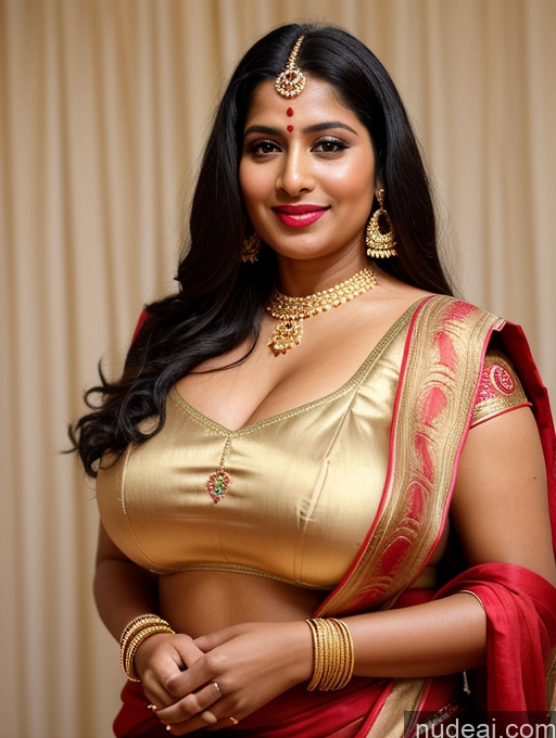 ai nude image of araffe woman in a red and gold sari posing for a picture pics of Woman Busty Huge Boobs Beautiful Lipstick Big Ass Fairer Skin 50s Happy Seductive Sexy Face Black Hair Long Hair Indian Skin Detail (beta) Front View Sari Traditional Jewelry Gold Jewelry Bright Lighting Detailed