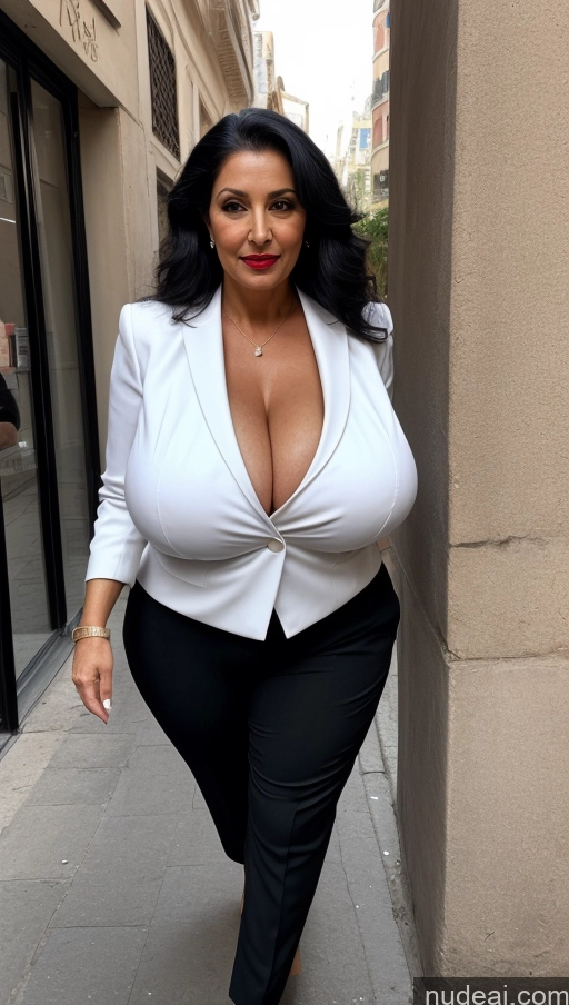 ai nude image of araffe woman in a white jacket and black pants walking down a street pics of Milf Busty Huge Boobs Beautiful Lipstick Big Ass Skinny Abs Thick Big Hips Long Legs Pubic Hair Long Hair Black Hair Turkish Suit 80s Street