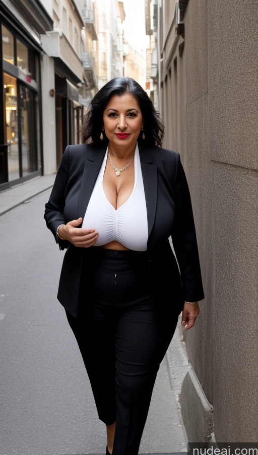 ai nude image of woman in black suit walking down a narrow street with a white bra pics of Milf Busty Huge Boobs Beautiful Lipstick Big Ass Skinny Abs Thick Big Hips Long Legs Pubic Hair Long Hair Black Hair Turkish Suit 80s Street