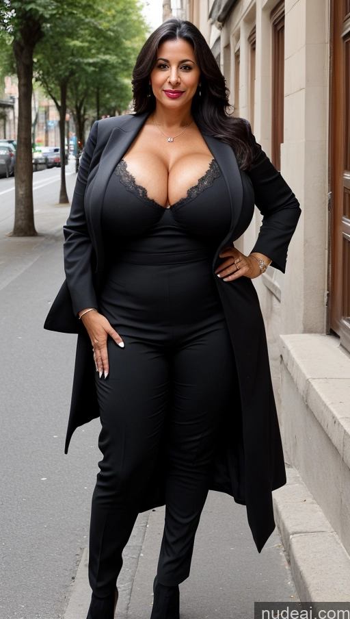 ai nude image of araffe woman in a black suit and heels posing for a picture pics of Milf Busty Huge Boobs Beautiful Lipstick Big Ass Skinny Abs Thick Big Hips Long Legs Pubic Hair Long Hair Black Hair Turkish Suit Street 50s