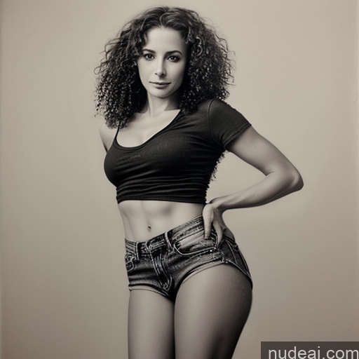 ai nude image of arafed woman in a black top and shorts posing for a picture pics of Woman One Skinny Short 40s Curly Hair Sexy Face Small Ass Small Tits Russian Charcoal Jeans