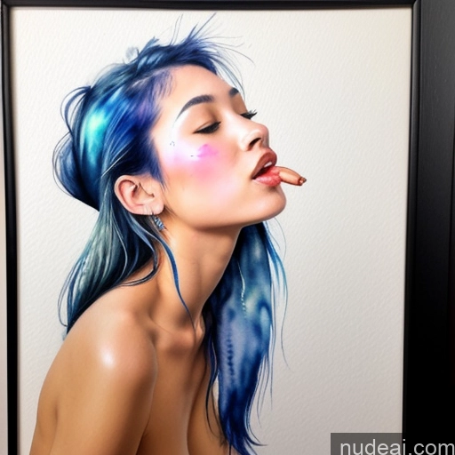 ai nude image of painting of a woman with blue hair blowing a cigarette pics of Woman Short Blue Hair Long Hair Filipina Skinny 18 Watercolor Kisses Front View