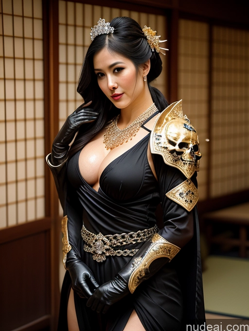 ai nude image of there is a woman in a black dress and gold armor pics of Perfect Boobs Big Hips Fairer Skin Oiled Body Perfect Body Black Hair Japanese Onsen Gloves Cleavage Diamond Jewelry Gold Jewelry Jewelry Pearl Jewelry Khorne 40s Fantasy Armor Geisha Ponytail Cumshot Transparent