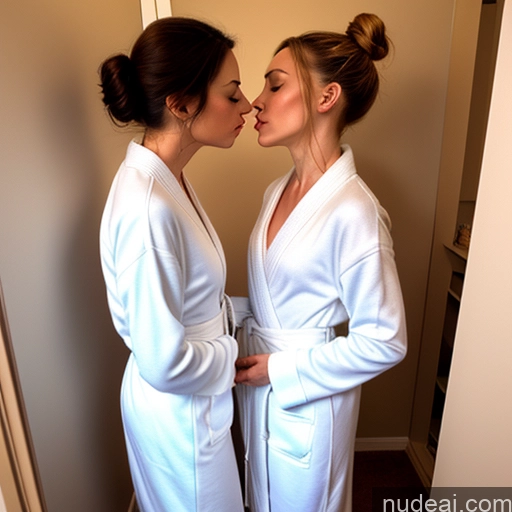 ai nude image of they are two women in robes kissing each other in a bathroom pics of Woman Ginger Hair Bun White Changing Room Skinny Short Fairer Skin Abs Small Tits Two Kisses Bathrobe