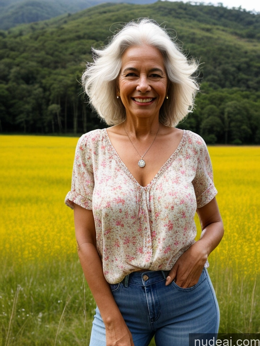 related ai porn images free for Woman One Small Tits Skinny Big Hips Tanned Skin Happy White Hair Messy Brazilian Jeans Blouse Front View Jewelry Detailed 70s Meadow