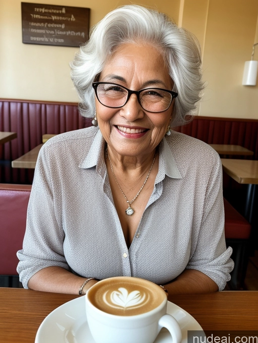 ai nude image of smiling woman sitting at a table with a cup of coffee pics of Woman One Small Tits Skinny Big Hips Happy White Hair Messy Brazilian Jeans Blouse Front View Jewelry Detailed Dark Skin 80s Glasses Cafe