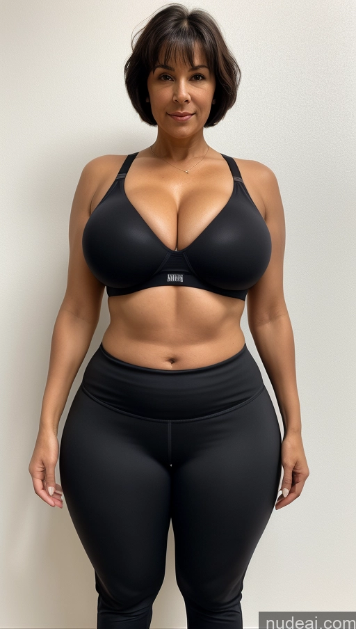 ai nude image of arafed woman in black bra top and black pants posing for a picture pics of Milf One Huge Boobs Big Ass Big Hips Chubby 60s Sexy Face Black Hair Short Hair White Skin Detail (beta) Gym Front View Sports Bra Harem Pants Detailed