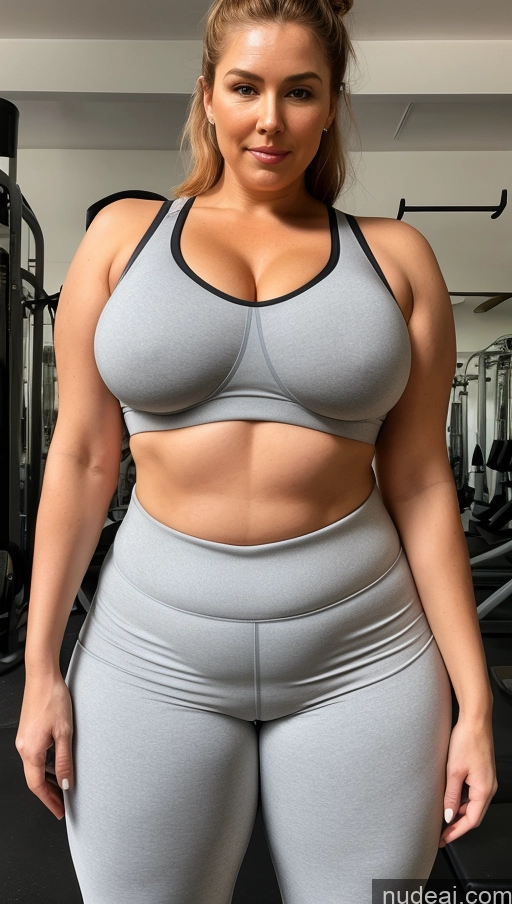 ai nude image of arafed woman in a gray sports bra top and grey leggings pics of Milf One Huge Boobs Big Ass Big Hips Chubby 60s Sexy Face White Skin Detail (beta) Gym Front View Sports Bra Harem Pants Detailed Seductive Ginger Hair Bun