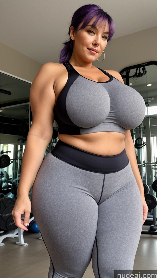 ai nude image of arafed woman in a gray sports bra top and gray leggings pics of Milf One Huge Boobs Big Ass Big Hips Chubby 60s White Skin Detail (beta) Gym Front View Sports Bra Detailed Seductive Purple Hair Yoga Pants Bangs