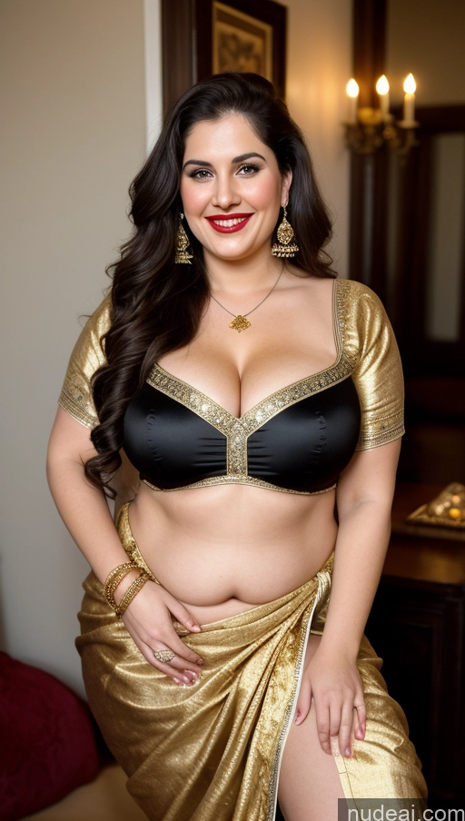 ai nude image of araffe woman in a gold sari posing for a picture pics of Milf Busty Beautiful Lipstick Thick Chubby Fat Big Hips Fairer Skin 20s Happy Seductive Brunette Long Hair Russian Party Front View Straddling Sari Blouse Dirndl Victorian Cleavage Gold Jewelry Tattoos