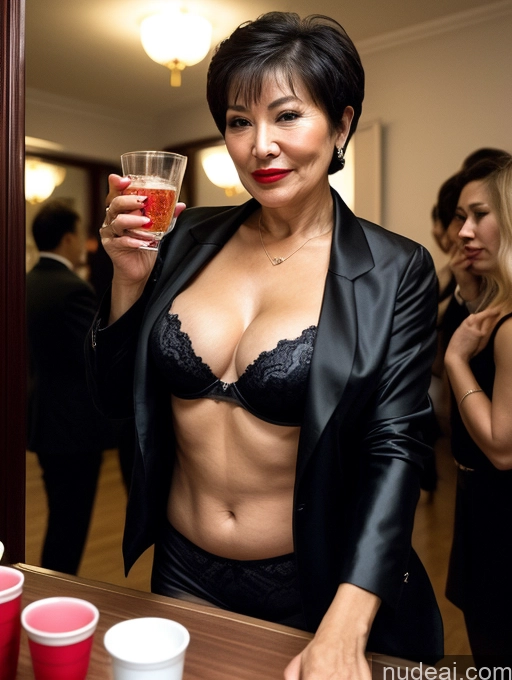 ai nude image of there is a woman in a black jacket holding a glass of wine pics of Milf Perfect Boobs Perfect Body Pubic Hair Beautiful Lipstick 70s Sexy Face Pixie Chinese Party Bra Jacket Suit Stylish Professor Cleavage Dark Lighting Detailed