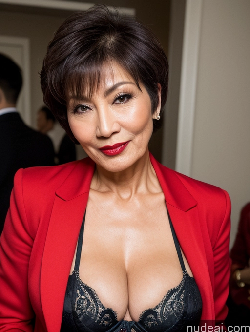 ai nude image of there is a woman in a red jacket and black bra top pics of Milf Perfect Boobs Perfect Body Pubic Hair Beautiful Lipstick Sexy Face Chinese Bra Jacket Suit Stylish Professor Cleavage Dark Lighting Detailed Short Hair 60s Party