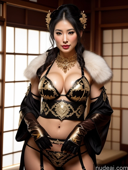 ai nude image of araffe woman in a black and gold outfit posing for a picture pics of Fairer Skin Oiled Body Perfect Body Black Hair Onsen Gloves Cleavage Gold Jewelry Jewelry Transparent Bright Lighting Geisha Fantasy Armor Khorne Korean Sexy Face Lingerie Busty Milf Ponytail Fur