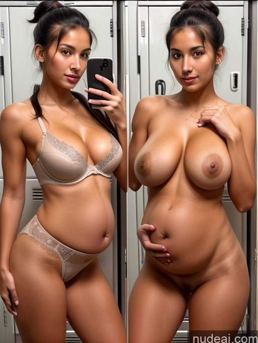 ai nude image of araffed woman in a locker taking a selfie with her cell phone pics of Model Perfect Boobs Perfect Body Pubic Hair Pregnant Tanned Skin 18 Seductive Black Hair Hair Bun Mirror Selfie Locker Room Front View Nude Lingerie Onoff German