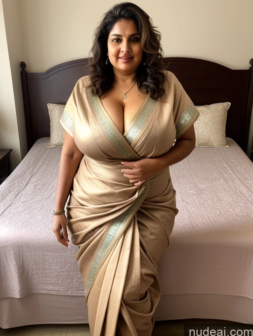 ai nude image of araffe woman in a sari posing in front of a bed pics of Huge Boobs Busty Small Tits Beautiful Big Ass Chubby Long Legs Fat Big Hips Indian Messy Detailed Sari Front View Milf