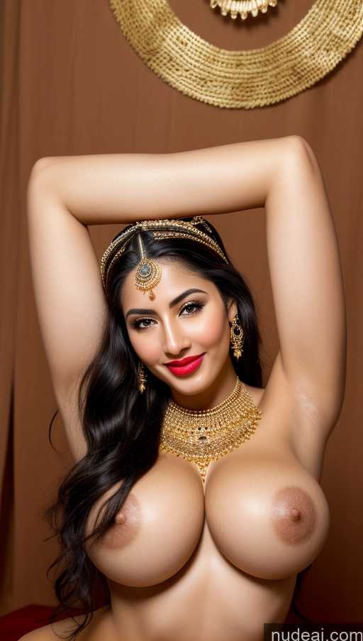 ai nude image of arafed woman with a very big breast posing for a picture pics of Woman Busty Huge Boobs Beautiful Lipstick Big Ass Fairer Skin 50s Happy Orgasm Black Hair Long Hair Skin Detail (beta) Front View Traditional Gold Jewelry Jewelry Bright Lighting Middle Eastern Thong