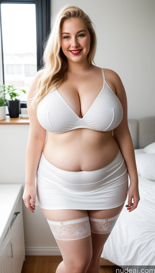 ai nude image of araffe woman in white lingerie posing for a picture pics of Fairer Skin 18 Happy Front View Busty Huge Boobs Lipstick Big Ass Thick Chubby Fat Big Hips Short Pubic Hair Hair Bun Bedroom Micro Skirt Stockings Scandinavian Transparent